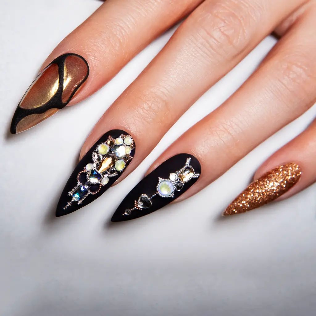 Matte Black and Gold Stiletto Nails Matte Black and Gold Stiletto Nails β New Years Acrylic Nails 2027