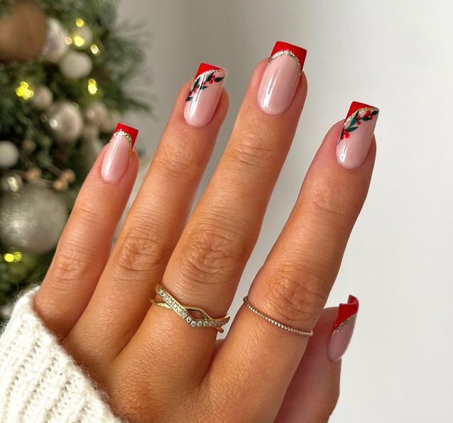 Red French Tips with Holly and Gold Accents Red French Tips with Holly and Gold Accents β Red and Gold Christmas Nails 2026