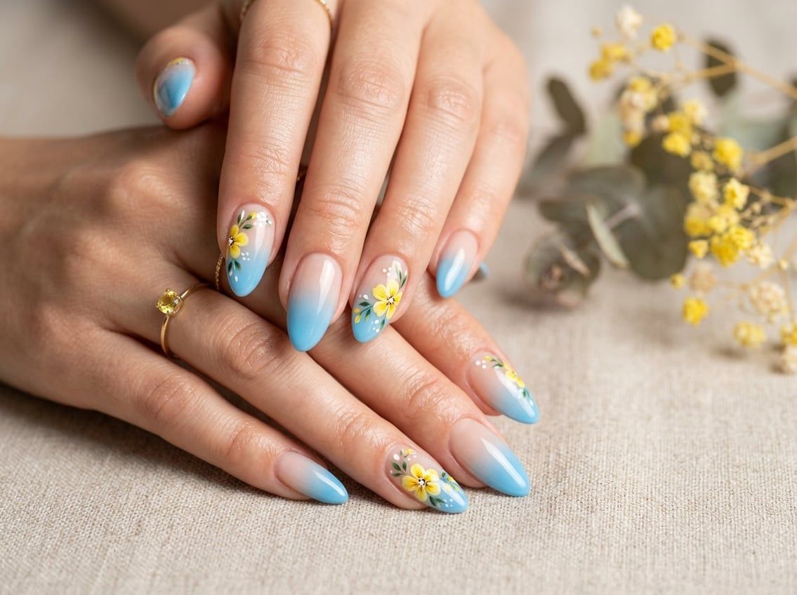 Blue to Clear Gradient with Yellow Flowers Blue to Clear Gradient with Yellow Flowers β Winter to Spring Transition Nails