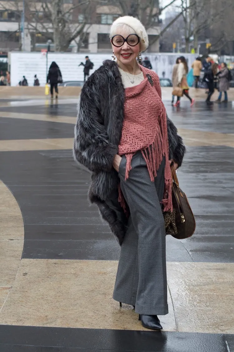 Fringed Knit Shawl with Wide-Leg Trousers and Faux Fur Coat Fringed Knit Shawl with Wide-Leg Trousers and Faux Fur Coat β Winter Outfits for Women Over 70