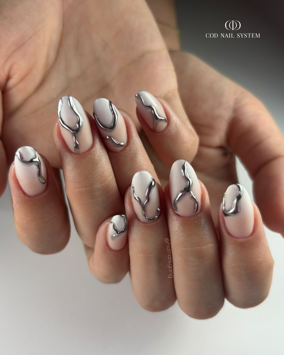 Nude with Silver Abstract Lines — Winter Gray Nails