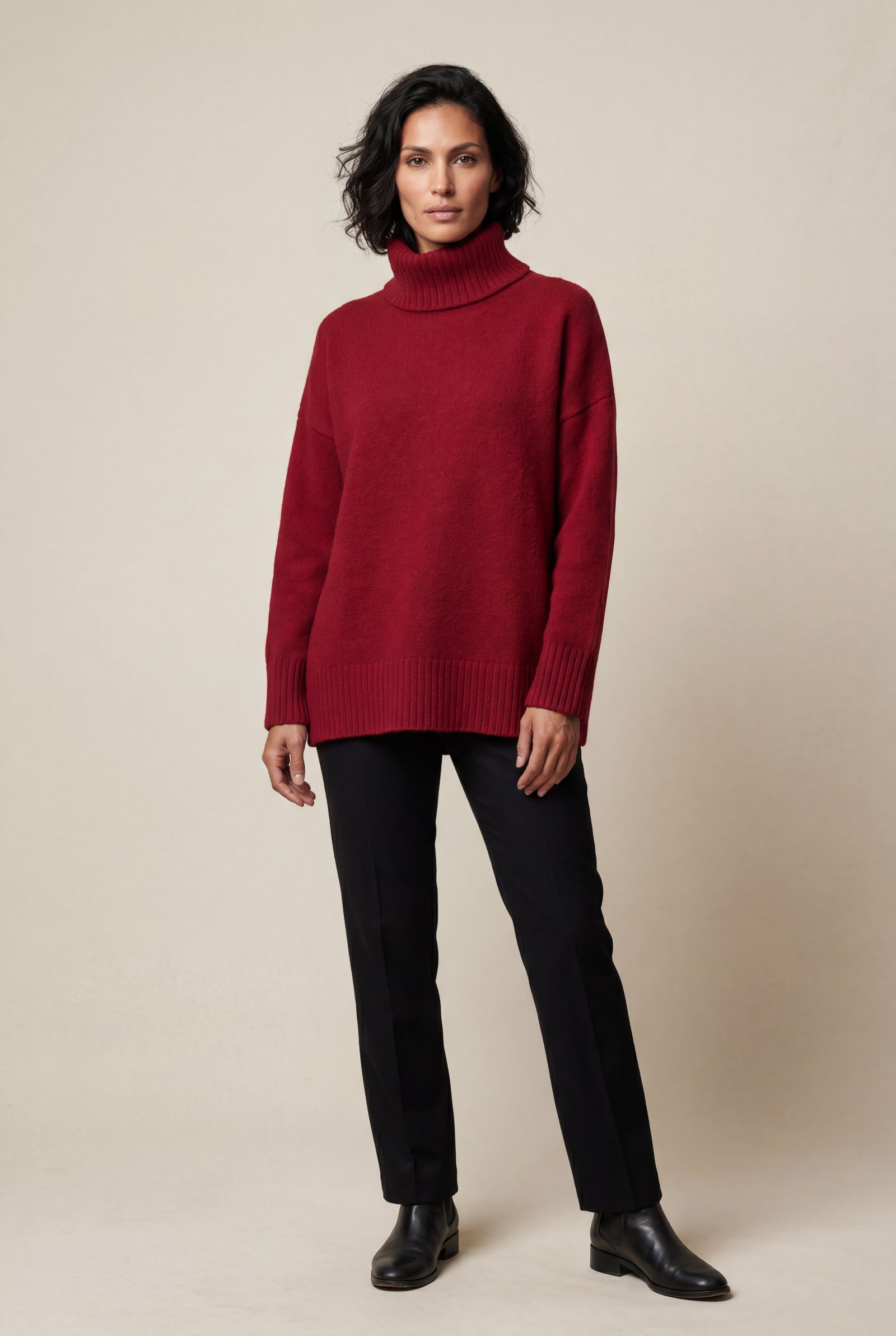 Red Turtleneck Sweater with Classic Black Trousers — Turtleneck Outfits