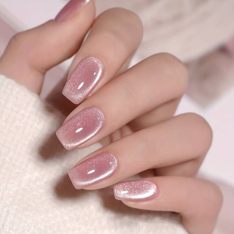None Pale Pink Subtle Shimmer Glossy Medium Square Nails — Winter Nail Colors for Pale Skin