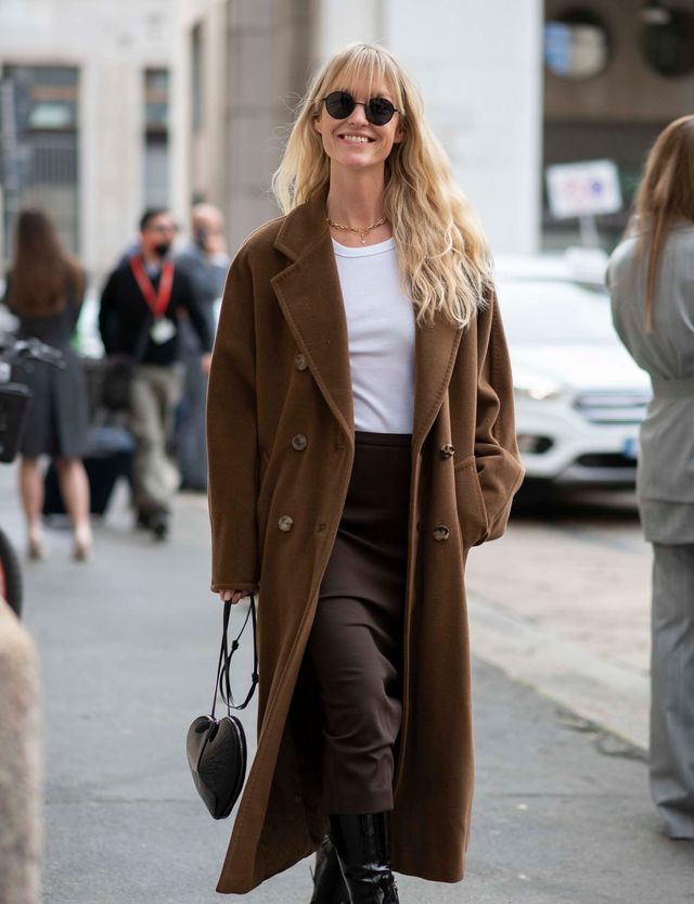 Long Brown Wool Coat with Knee-High Boots and Heart Bag — Wool Coat Outfits
