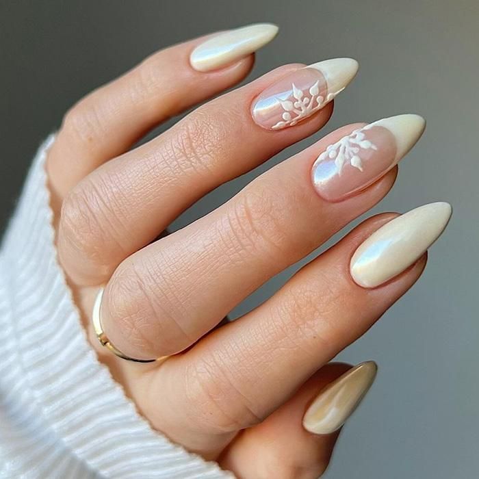 Pearlescent Cream with Lace Art Pearlescent Cream with Lace Art โ Classy Winter Nails
