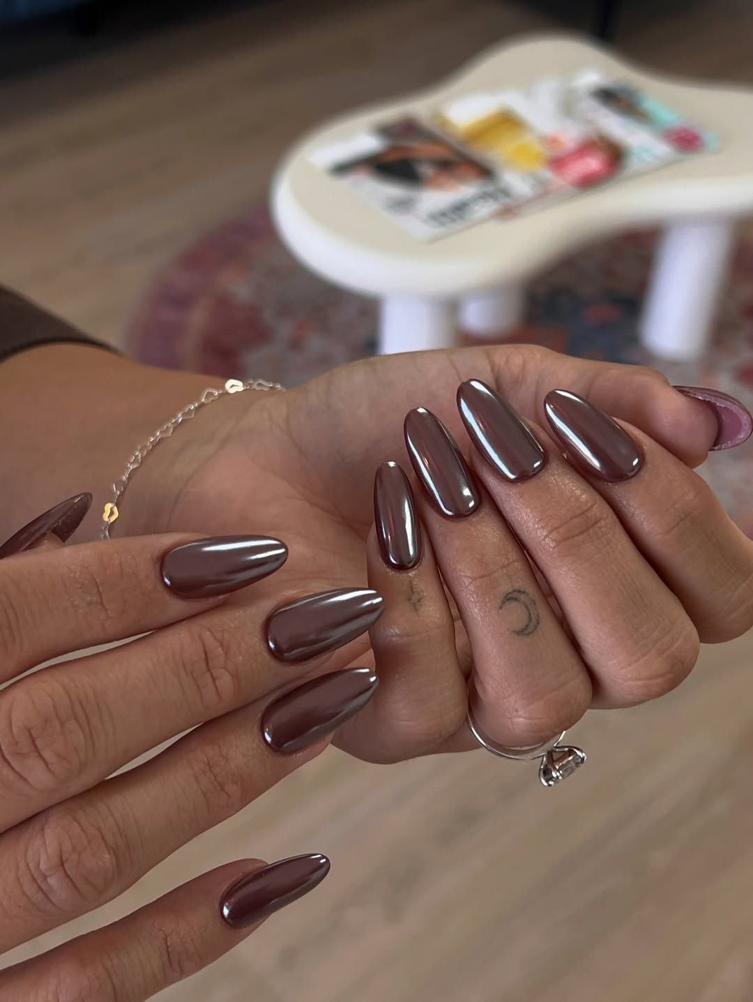 Metallic Chrome Long Almond Metallic Chrome Long Almond β Chocolate Brown Nails