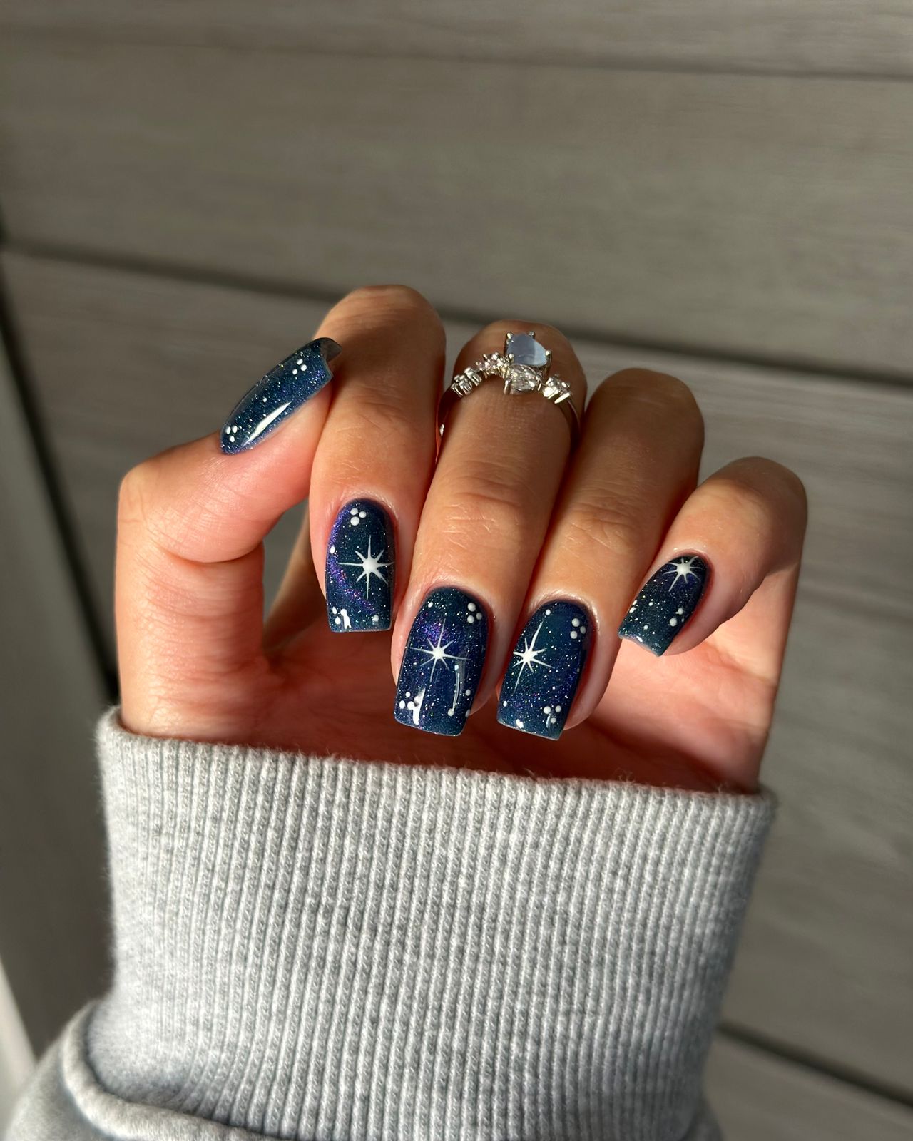 Long Stiletto Navy Starry Night Sky — New Years Eve Nails 2027