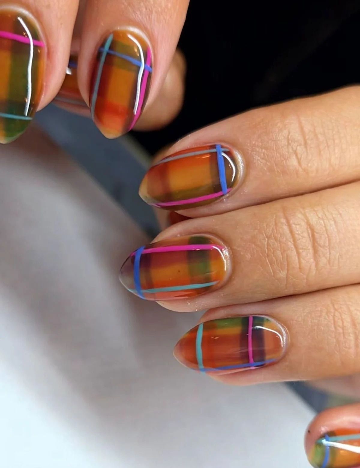 Vibrant Jelly Base Plaid Nails — Cozy Winter Nails