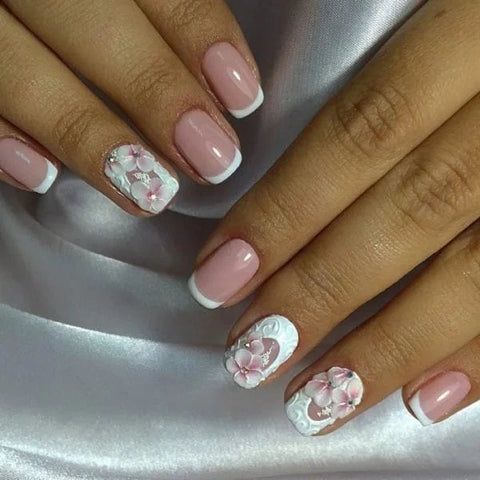 3D Floral French Manicure Short Squares 3D Floral French Manicure Short Squares β Winter Wedding Guest Nails