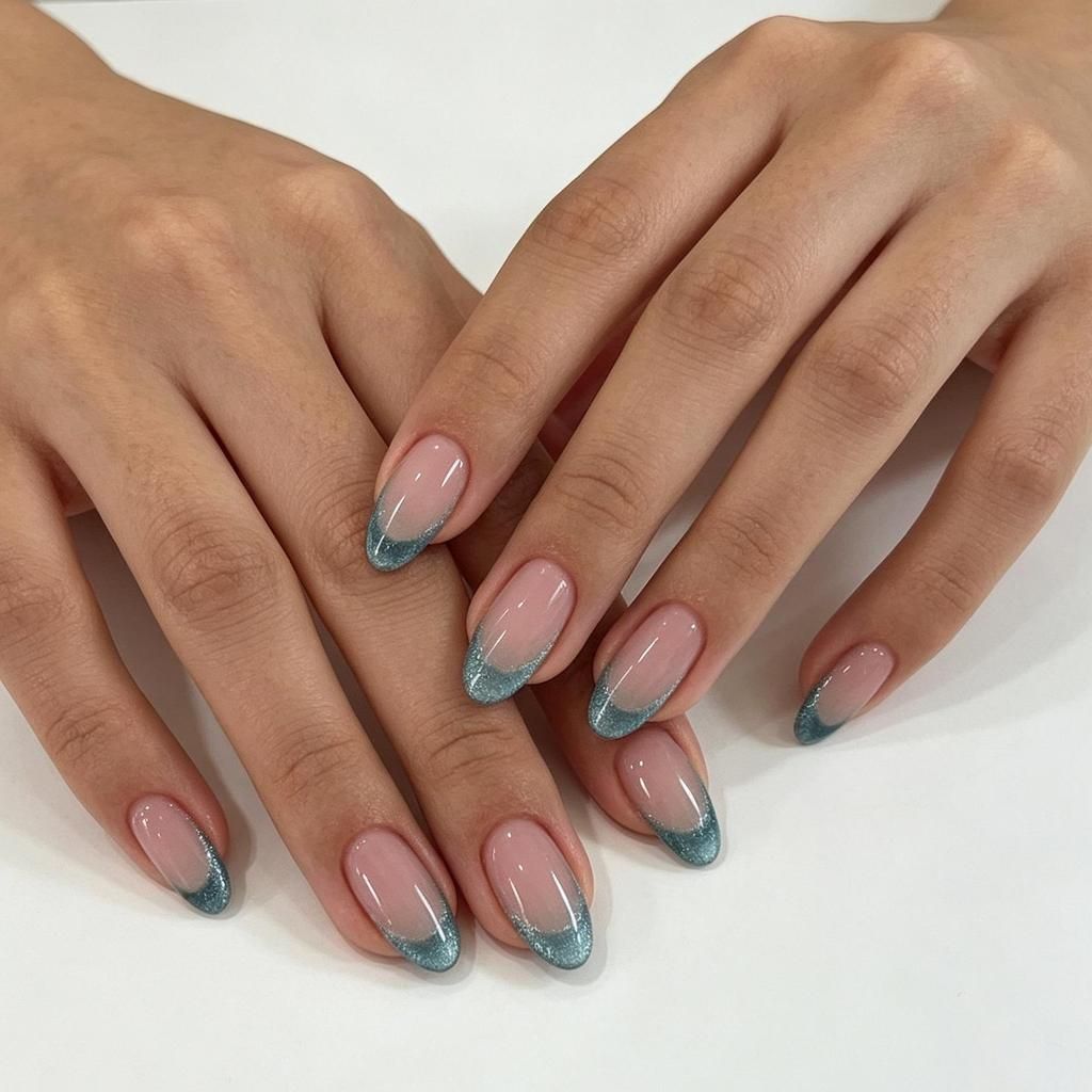Blue-Grey Cat Eye Tip Winter Nails Blue-Grey Cat Eye Tip Winter Nails β Medium Winter Almond Nails