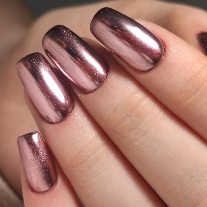 Rose Gold Chrome Medium Square Nails Rose Gold Chrome Medium Square Nails β Winter Gel Nail Colors