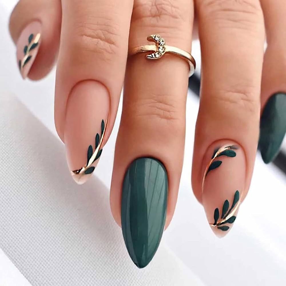Sheer Nude with Green French and Gold Leaf Sheer Nude with Green French and Gold Leaf โ Winter Green Nails