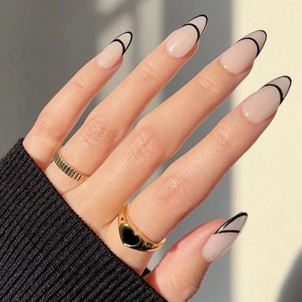 Graphic Black Double Line Almond French Tips Graphic Black Double Line Almond French Tips β Winter French Tip Nails