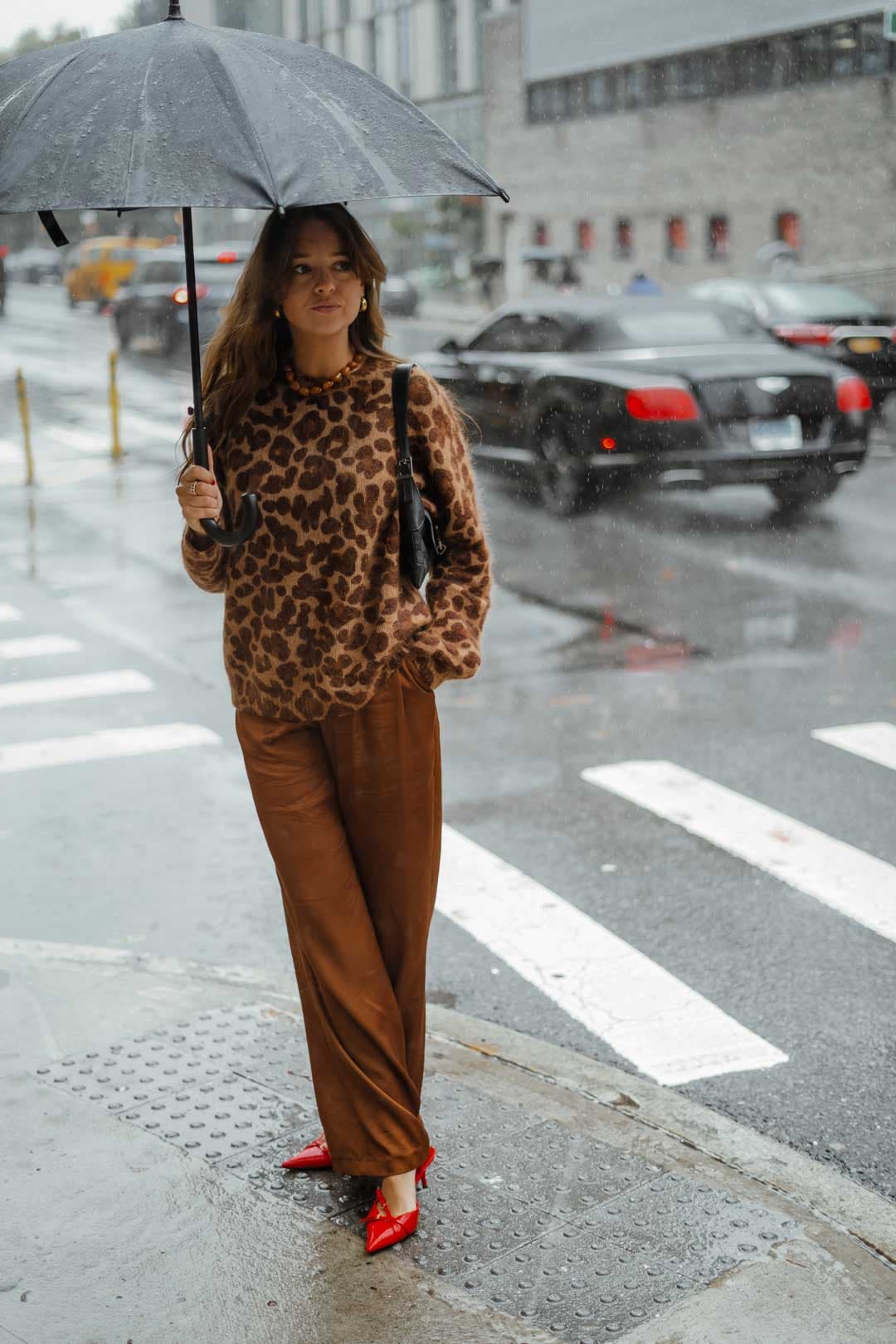 Leopard Print Sweater Paired with Brown Trousers and Red Heels — NYC Winter Outfits