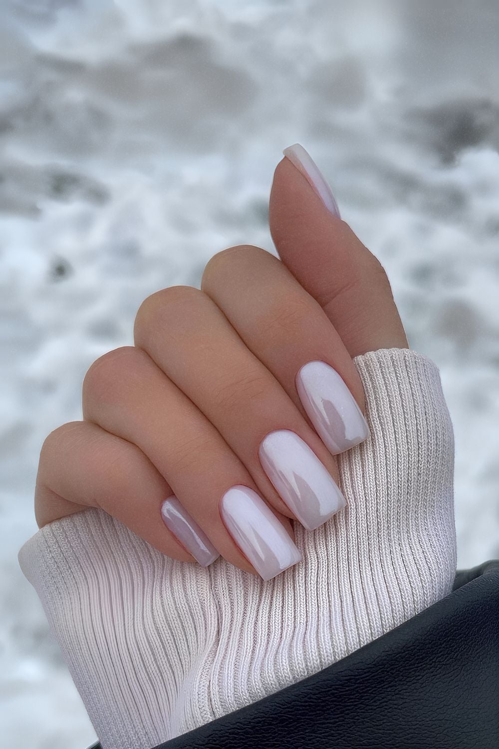 Soft Pearlescent White Chrome Short Square Nails Soft Pearlescent White Chrome Short Square Nails โ Winter Chrome Nails