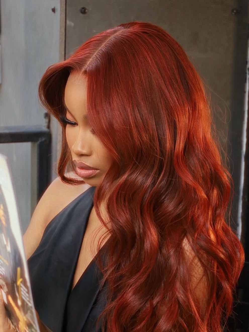 Long Wavy Copper Red with Side Fringe — Winter Hairstyles for Black Women