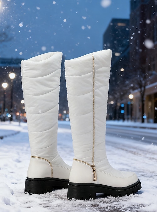 Quilted Knee-High Snow Boots with Gold Zipper Detail Quilted Knee-High Snow Boots with Gold Zipper Detail β Snow Boots Outfits