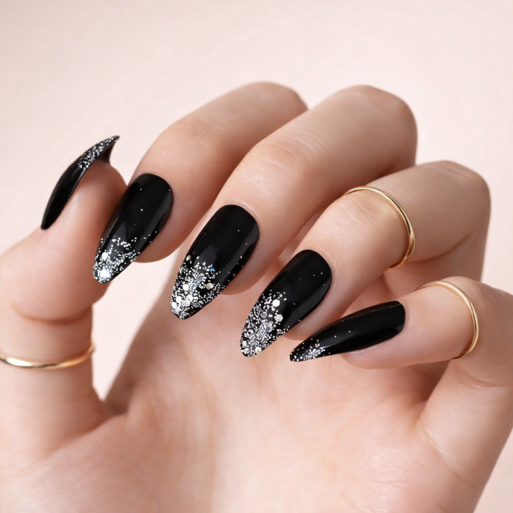 Glossy Black with Silver Glitter Accents Glossy Black with Silver Glitter Accents β Winter Glitter Nails