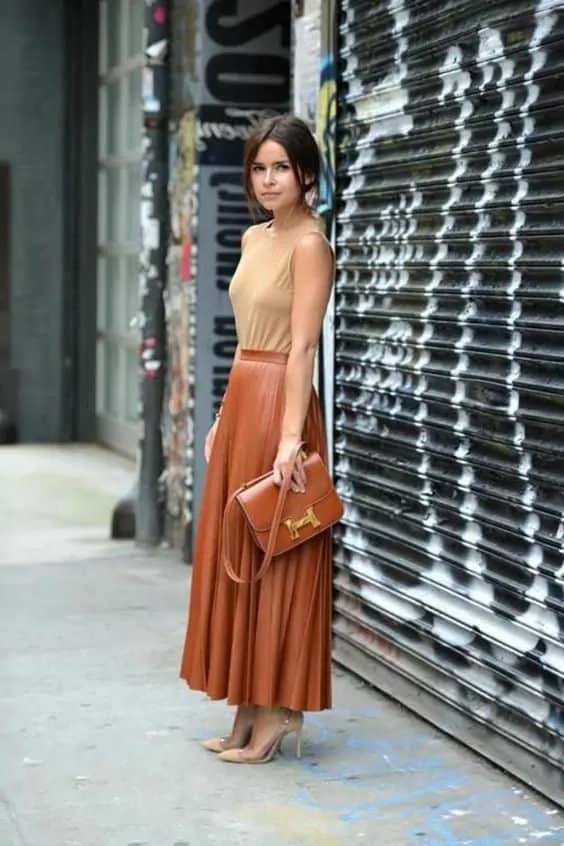 Elegant Pleats: Tan Top and Leather Midi Skirt — Leather Skirt Outfits