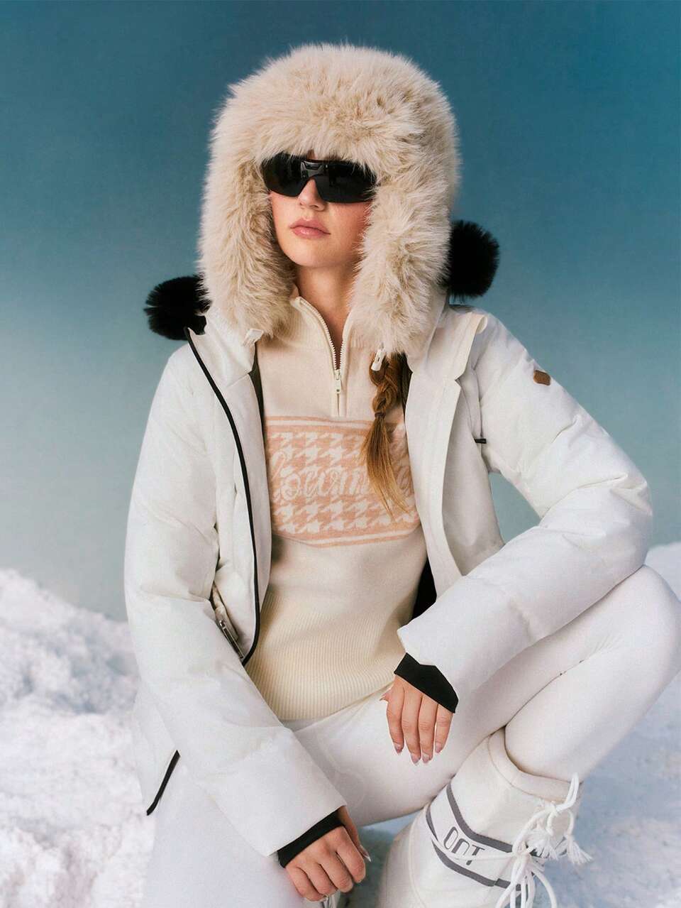 White Fur-Trimmed Ski Hat with Patterned Sweater White Fur-Trimmed Ski Hat with Patterned Sweater β Fur Hat Outfits
