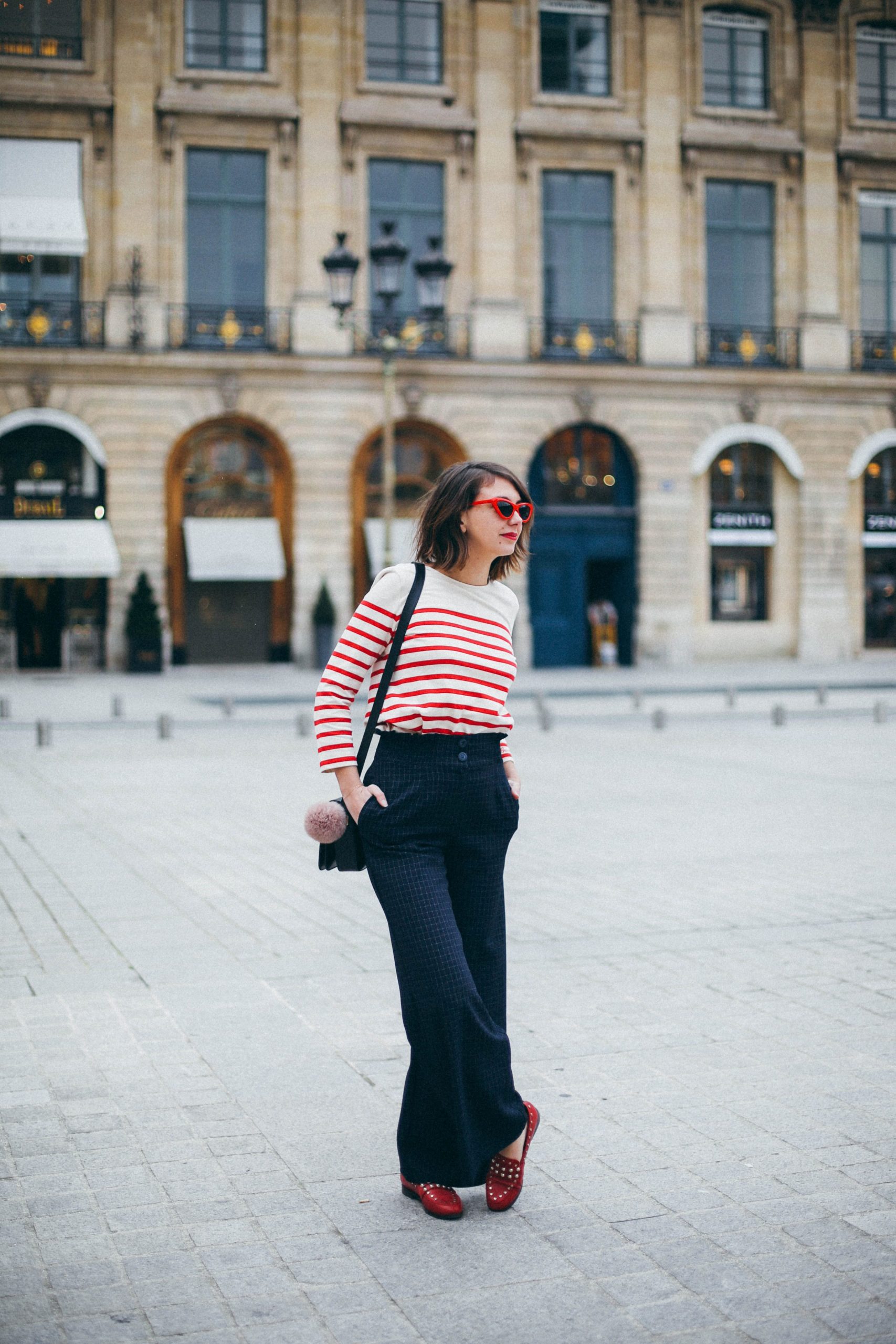 Red Striped Top with Navy Trousers and Red Loafers Red Striped Top with Navy Trousers and Red Loafers β Colorful Winter Outfits