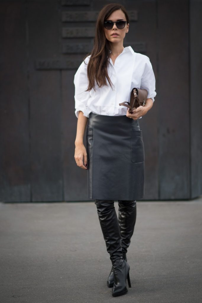 Business Casual: Black Boots, Pencil Skirt, and White Shirt Business Casual: Black Boots, Pencil Skirt, and White Shirt β Knee High Boots Outfits