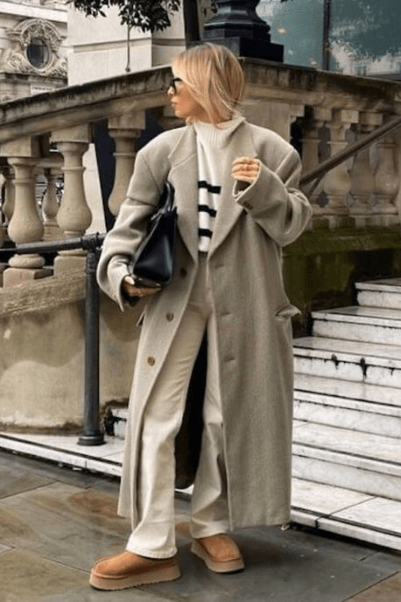 Oversized Beige Coat with Cream Trousers and Platform Slippers Oversized Beige Coat with Cream Trousers and Platform Slippers β Ugg Slippers Outfits