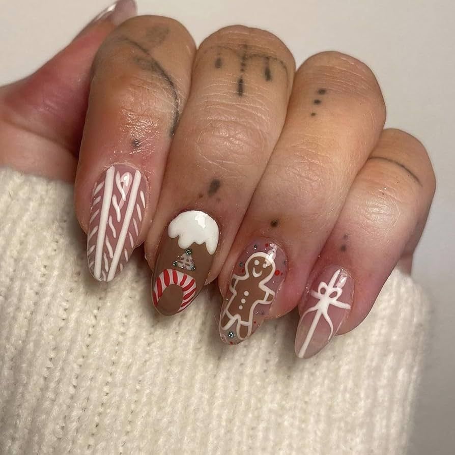 Medium Almond Holiday Character Nails — Cute Christmas Nails 2026