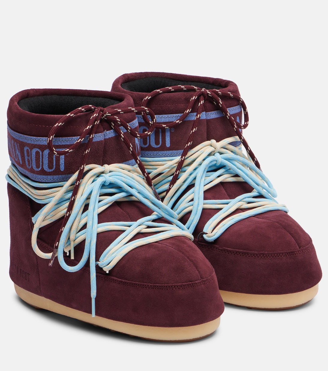 Rich Hues: Burgundy Suede Moon Boots with Multi-Color Laces — Moon Boots Outfits