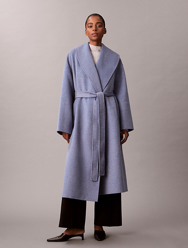 Blue Wool Wrap Coat with Wide-Leg Pants — Wool Coat Outfits