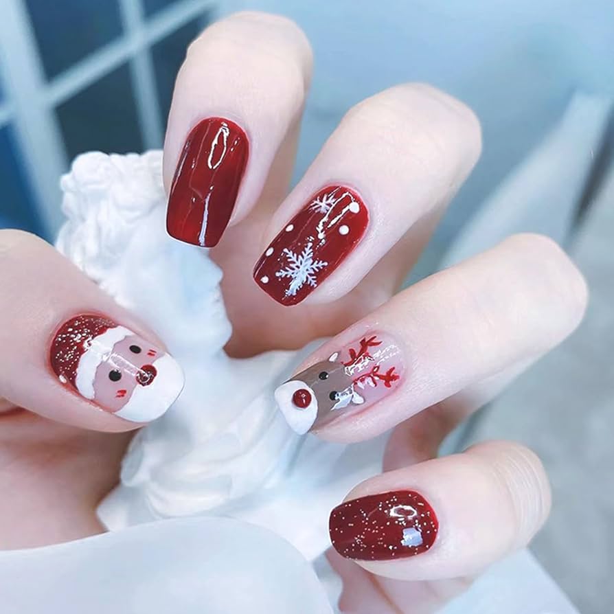 Festive Red Christmas Character Nails Festive Red Christmas Character Nails β Winter Acrylic Nails