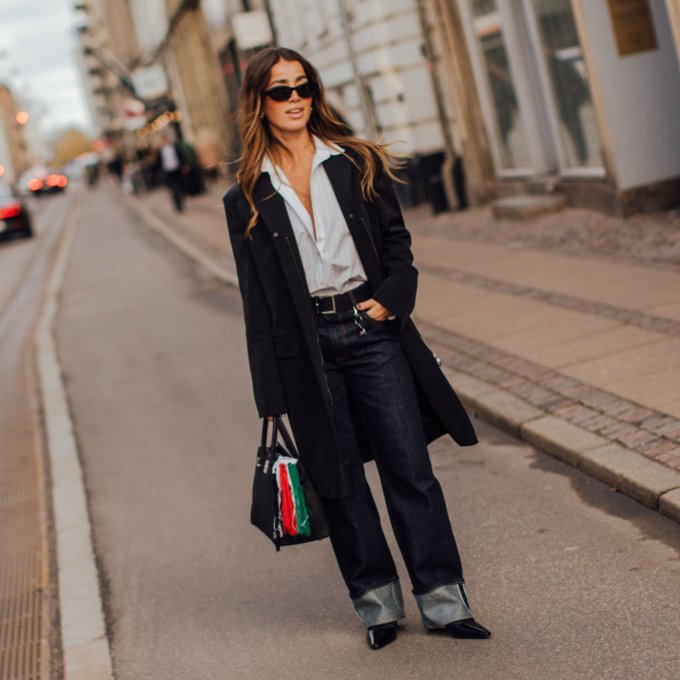 Classic Winter Tailoring: Long Coat and Button-Down with Dark Wash Wide Leg Jeans — Winter Outfits with Wide Leg Jeans