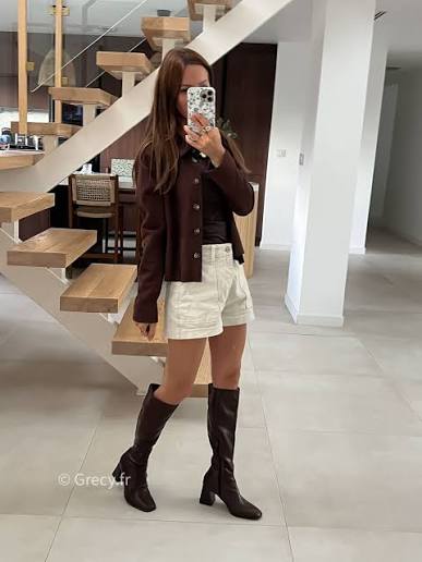 Knee-High Brown Leather Boots with White Shorts and Brown Jacket — Brown Boots Outfits