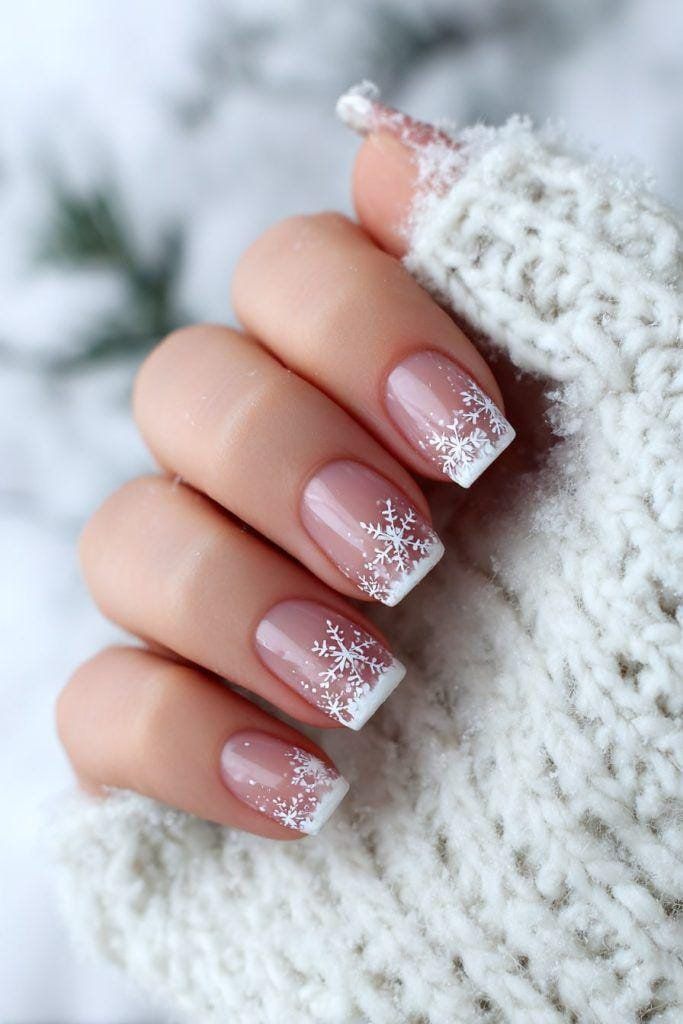 Delicate Snowflake Decals on Sheer Nude Delicate Snowflake Decals on Sheer Nude β Winter Squoval Nails