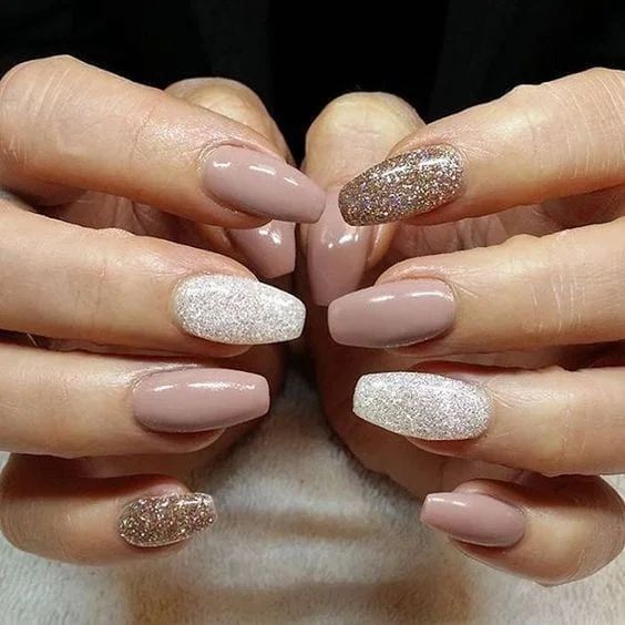 Glossy With Dense Glitter Visual Idea — Winter Nude Nails