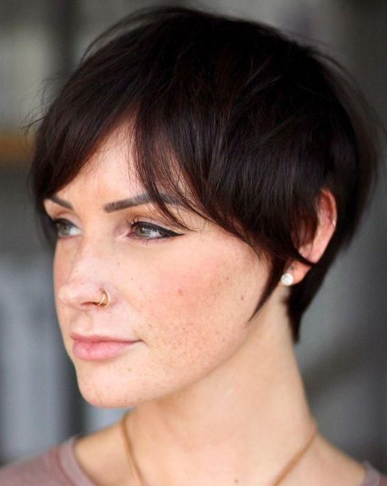 Classic Dark Brown Pixie With Wispy Bangs Classic Dark Brown Pixie With Wispy Bangs β Winter Pixie Haircuts