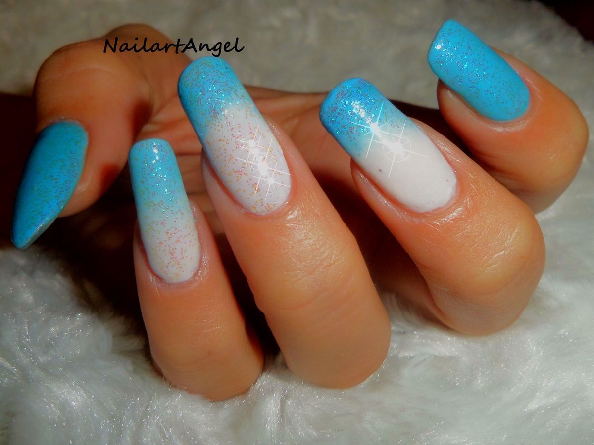 Blue Glitter Ombre Stiletto Accent Nails Blue Glitter Ombre Stiletto Accent Nails β Winter Ombre Nails