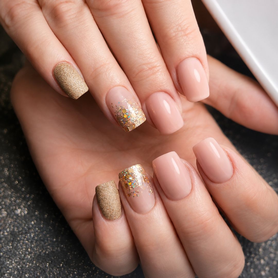 Pale Pink Gold Glitter Foil Short Square Nails Pale Pink Gold Glitter Foil Short Square Nails β Sparkly Winter Nails