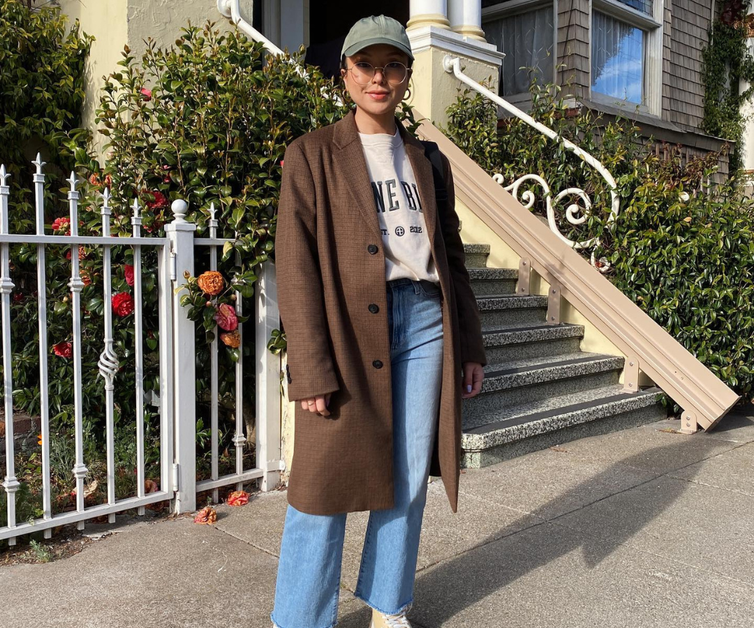 Plaid Overcoat with Graphic Tee and Wide-Leg Jeans Plaid Overcoat with Graphic Tee and Wide-Leg Jeans β Winter to Spring Transition Outfits
