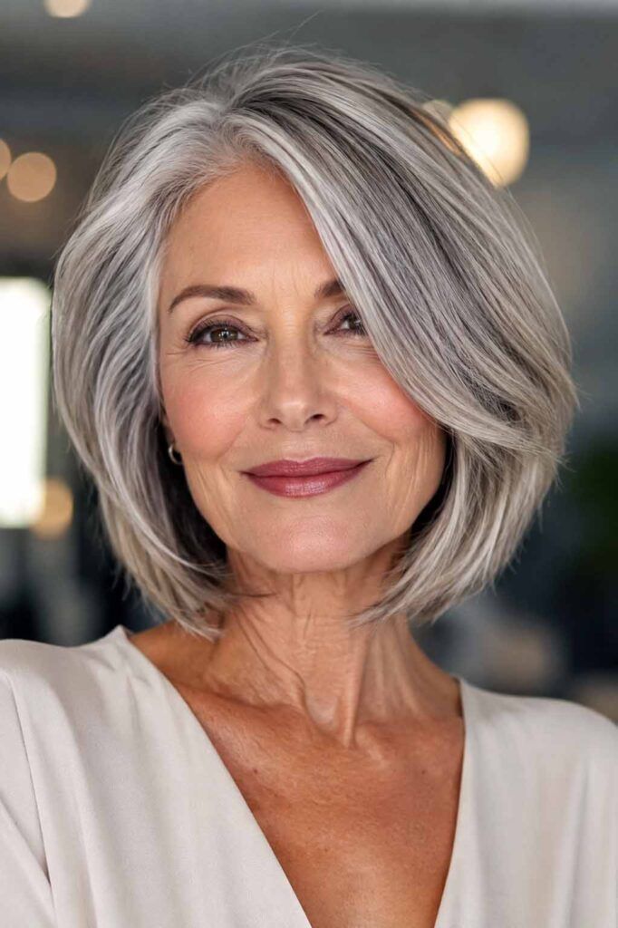 Soft Wavy Grey Bob with Side Part Soft Wavy Grey Bob with Side Part β Winter Hairstyles for Women Over 60