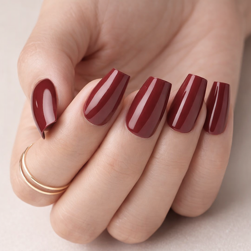 Deep Muted Burgundy Glossy Square Nails Deep Muted Burgundy Glossy Square Nails β Medium Length Winter Nails