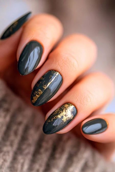 Deep Grey Gold Leaf Oval Nails Deep Grey Gold Leaf Oval Nails β Winter Nail Trends