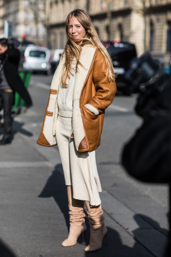 Brown and Cream Shearling Coat with Matching Knit Set Brown and Cream Shearling Coat with Matching Knit Set โ Shearling Coat Outfits