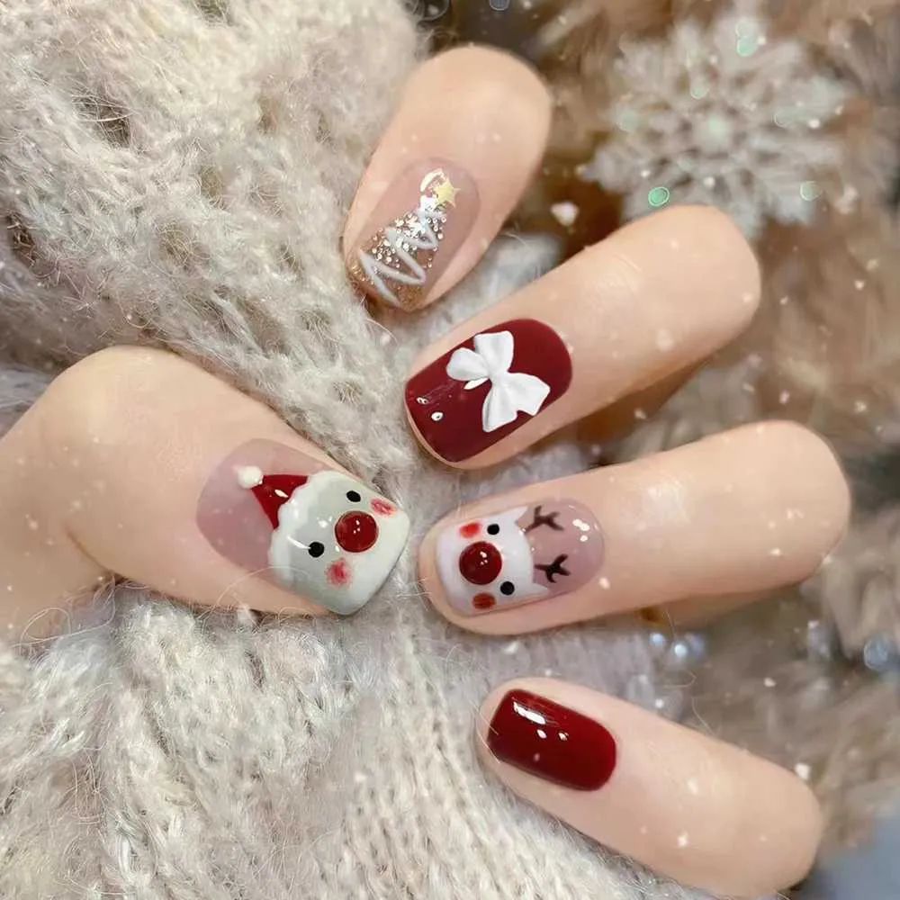 Christmas Tree Bow Reindeer Nails Christmas Tree Bow Reindeer Nails β Short Christmas Square Nails 2026