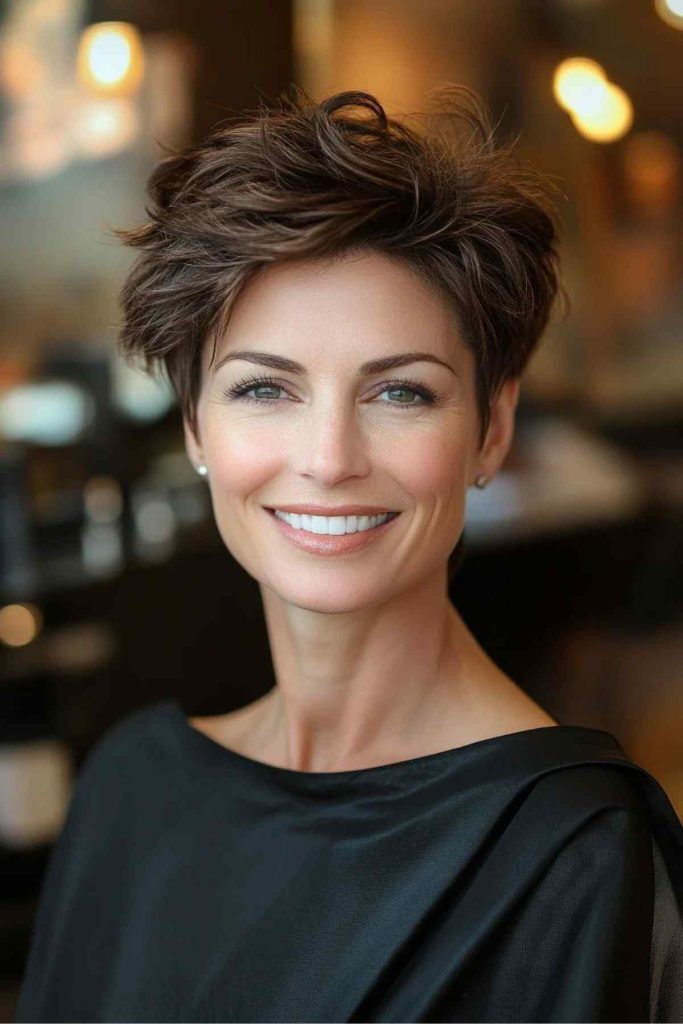 Shaggy Dark Brown Pixie — Winter Haircuts for Women Over 40