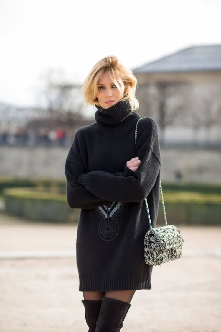 Chic Black Turtleneck Dress with Over-the-Knee Boots — Turtleneck Outfits