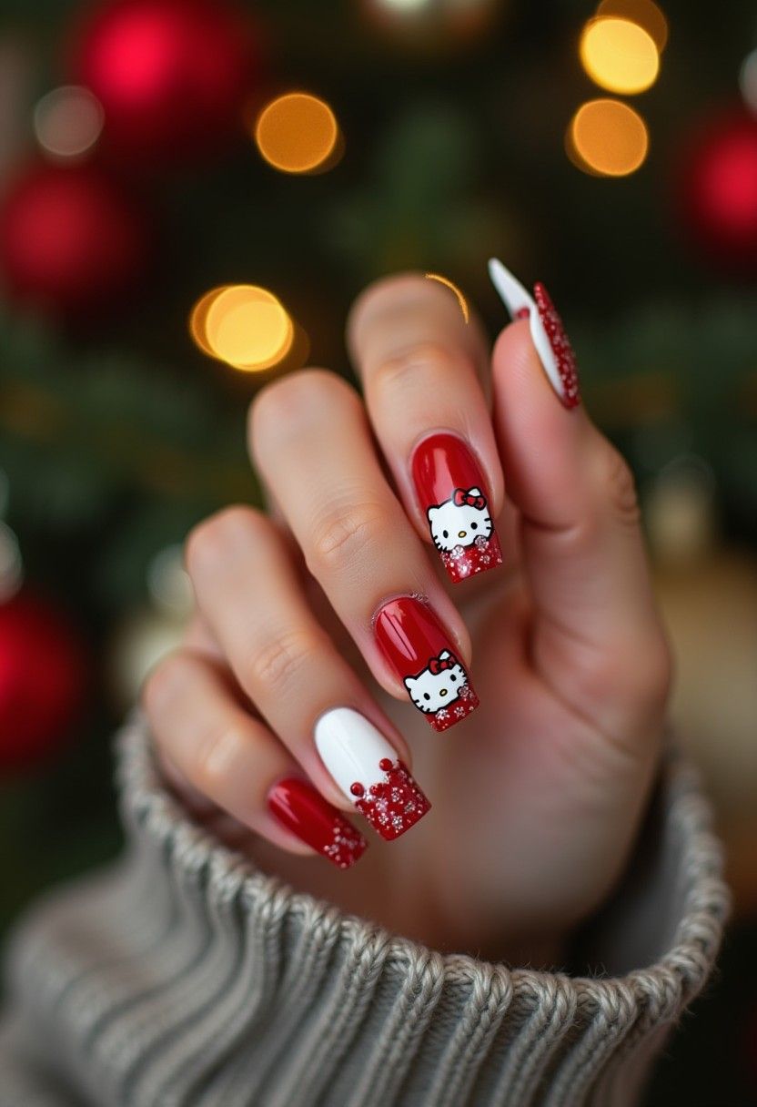 Red White Hello Kitty Glitter Square Nails Red White Hello Kitty Glitter Square Nails β Hello Kitty Christmas Nails 2026