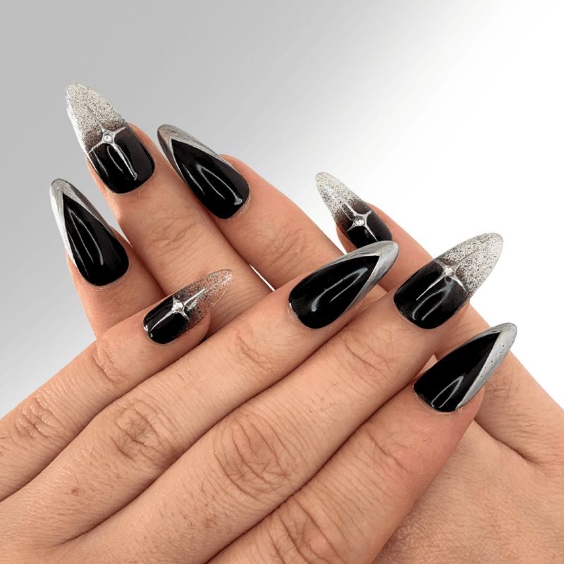 Glossy With Glitter Visual Idea — Winter Black Nails