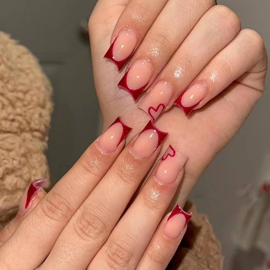 Red Heart Angular French Nails Red Heart Angular French Nails β Winter Nails for Teens