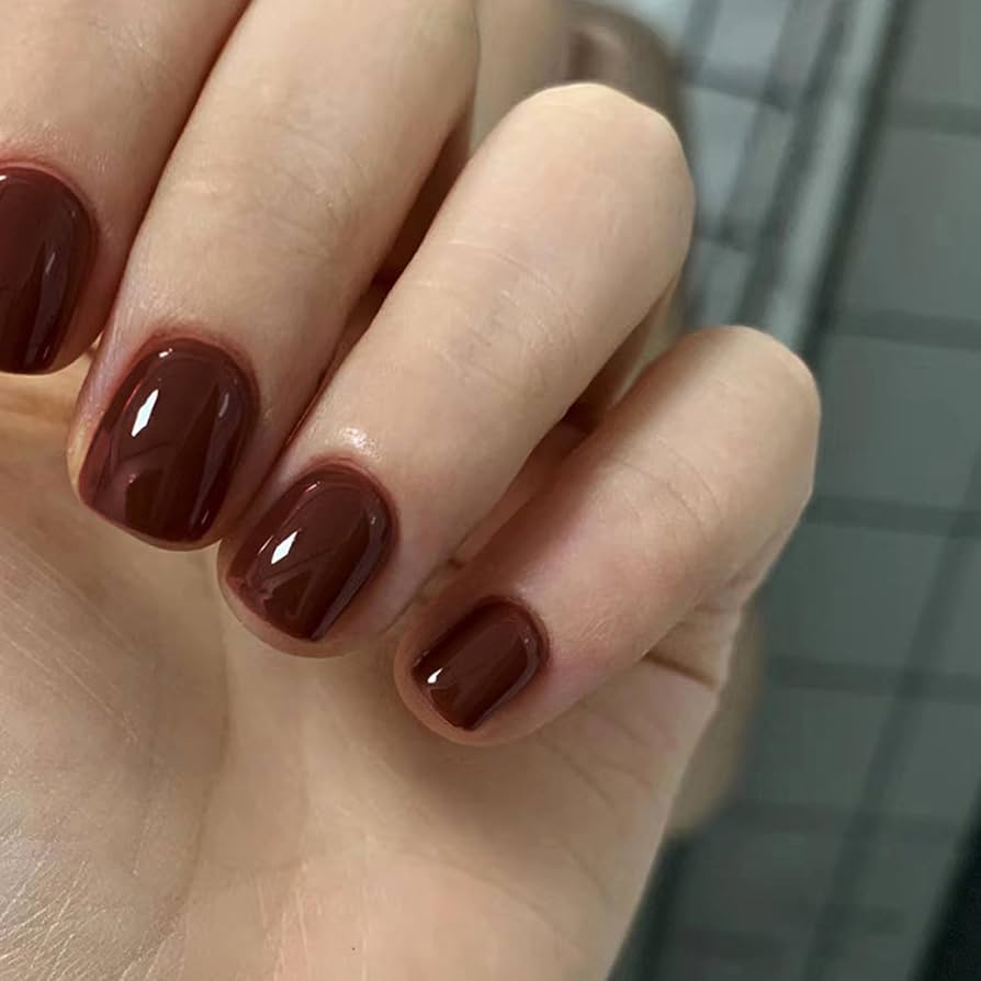 Deep Brown Glossy Nails — Short Winter Square Nails